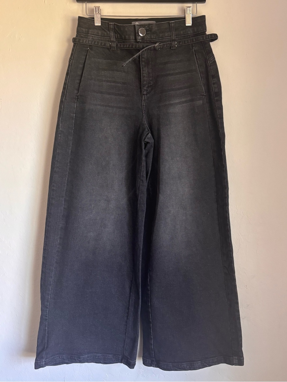 Democracy Ab-Solution Tie High-Waist Wide-Leg Jeans Skinny Belt Gray Wash, Sz 4